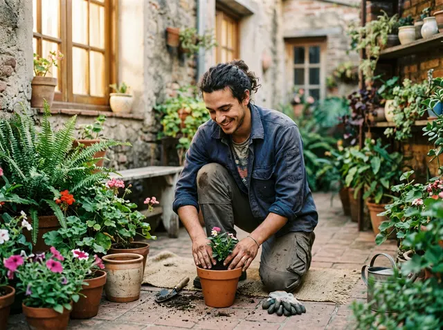 Jardinero plantando flores en un patio